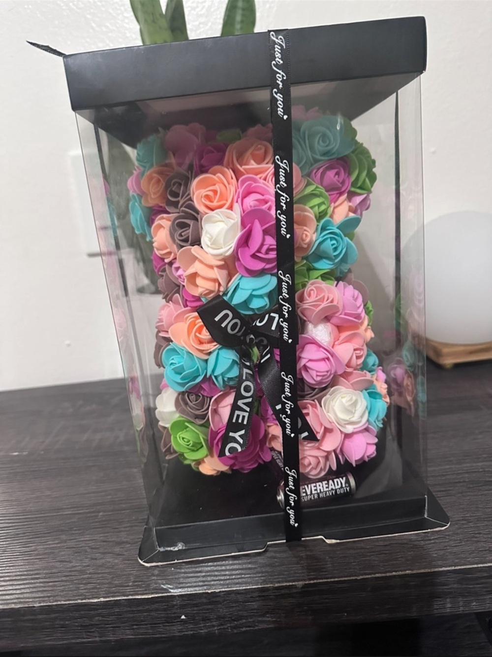 Colorful Foam Rose Bear with Ribbon Accent